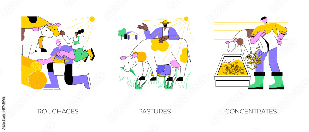 Feeds for livestock isolated cartoon vector illustrations set. Group of farmers with pasture forages, using roughages, cows eating grass in the pasture, feeding with concentrates vector cartoon.