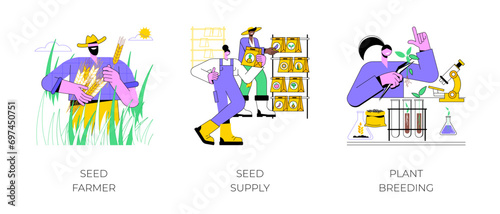 Seeds and plant breeding isolated cartoon vector illustrations set. Smiling farmer planting, picking and buying agricultural supply, seedling and gardening season preparation vector cartoon.