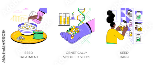 Seed treatment and modification isolated cartoon vector illustrations set. Farmer treating seeds chemically, genetically modified in a lab, take from bank, healthy crop production vector cartoon.