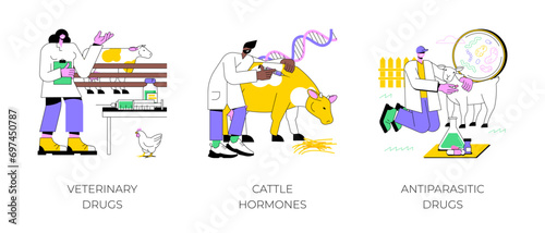 Drugs for livestock isolated cartoon vector illustrations set. Veterinary drugs, farmer giving antibiotics to domestic animal, inject cattle hormones, antiparasitic meds, farming vector cartoon. photo