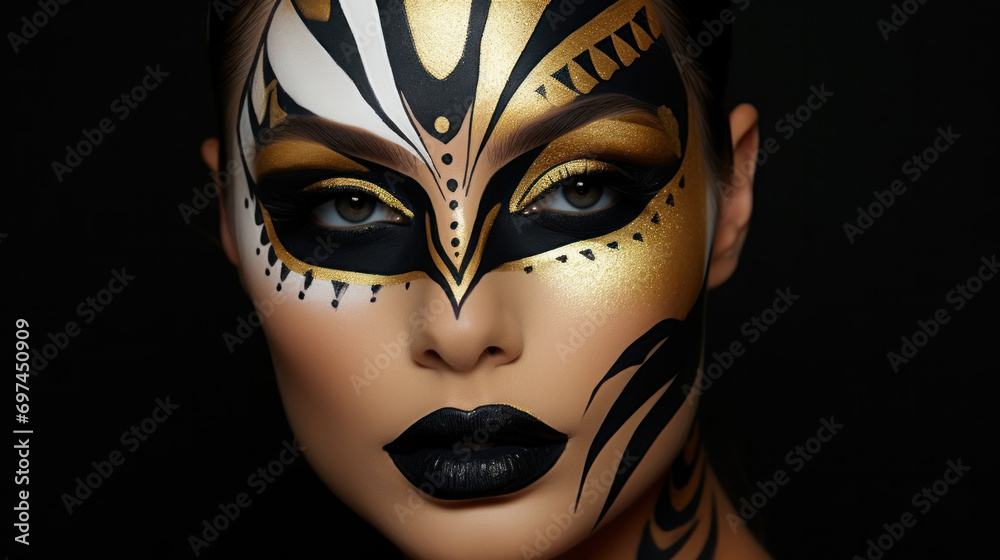 Attractive young girl with make-up of wild golden zebra close-up portrait