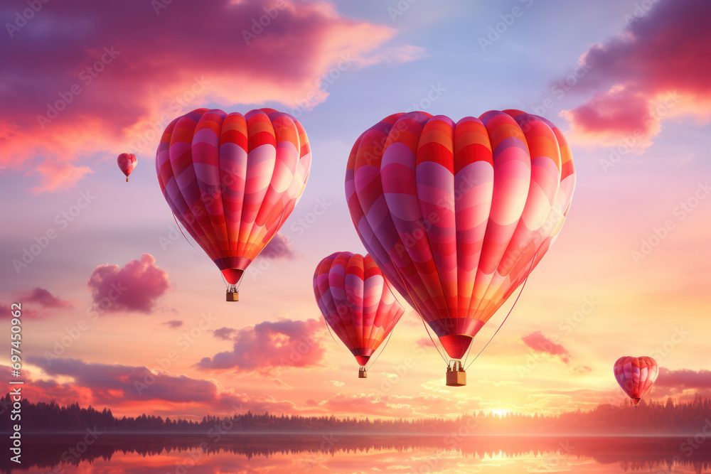 Obraz premium Heart-shaped hot air balloons floating against a vibrant sunset sky, creating a romantic atmosphere for Valentine's Day celebrations. Generative Ai.