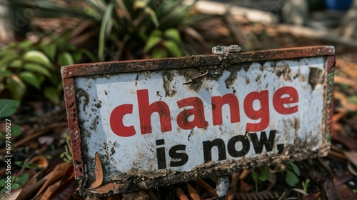 A close-up of a weathered protest sign with the words "change is now," reflecting the persistent call for societal transformation.