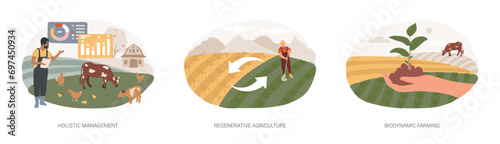 Land management isolated concept vector illustration set. Holistic management, regenerative agriculture, biodynamic farming, plant growth, planting calendar, soil fertility vector concept.