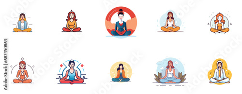 Set of meditation girl icon. black and white. logo for meditation girl, outline style. sign and symbol. white background. vector illustration