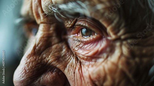 A close-up of a wrinkled face with a tear, conveying the emotional toll of loneliness among the elderly. photo