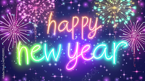 Happy new Year Text in bunten Neon Farben mit Feuerwerk und Lichteffekten. Querformat. Generative Ai photo
