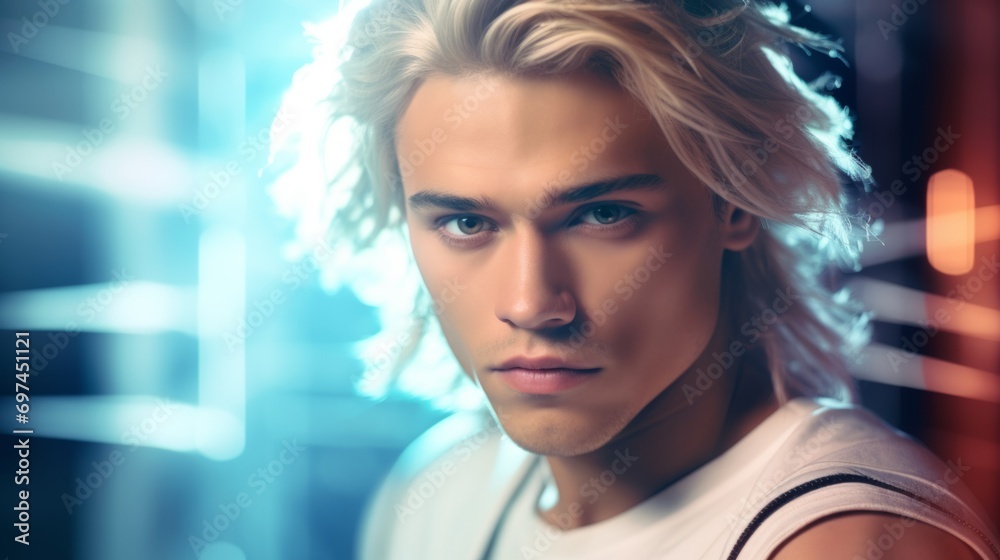 Photorealistic Adult Latino Man with Blond Straight Hair Futuristic Illustration. Portrait of a person with creative hairstyle in sci-fi movie style. Space-age Ai Generated Horizontal Illustration.