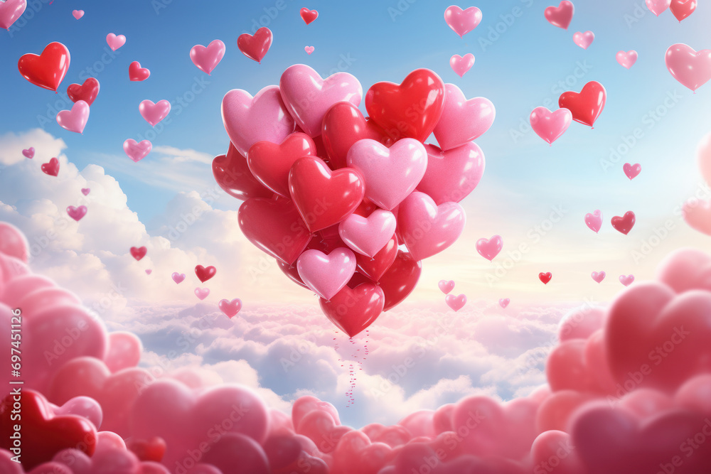 Heart-shaped balloons ascending into a cloud of confetti, creating a festive and celebratory atmosphere for Valentine's Day. Generative Ai.