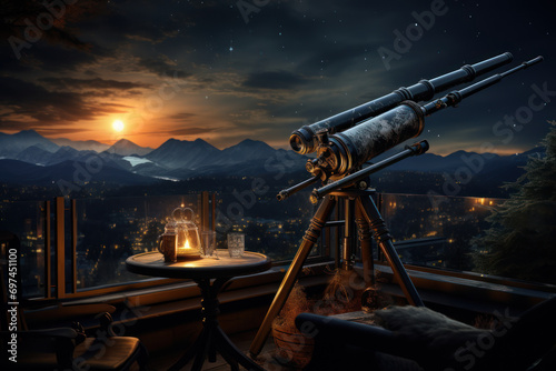 A telescope set up for stargazing together, providing a unique and romantic activity for Valentine's Day. Generative Ai.