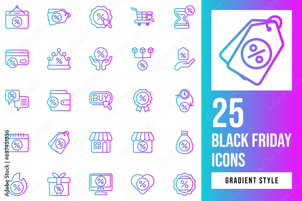 Set of Black Friday Gradient Icon Design Vector. monitor, award, cyber, discount, tag, calendar, click, badge, store, label, sale, buy, crown, money, bargain, heart, distribution, faq, sand, clock.