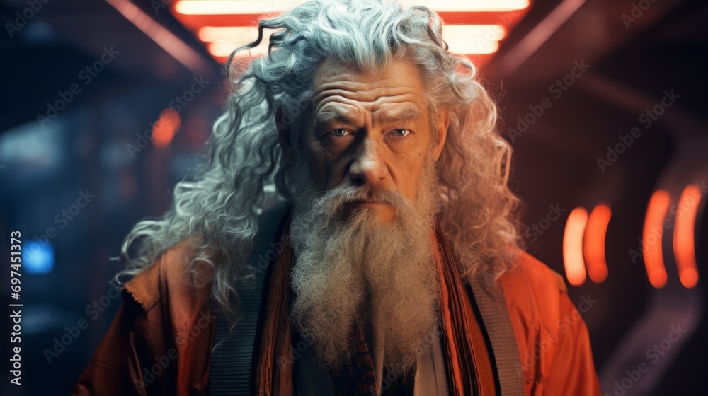 Photorealistic Old Chinese Man with Blond Curly Hair Futuristic Illustration. Portrait of a person with creative hairstyle in sci-fi movie style. Space-age Ai Generated Horizontal Illustration.