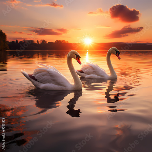 Graceful swans gliding on a mirror-like lake at sunset