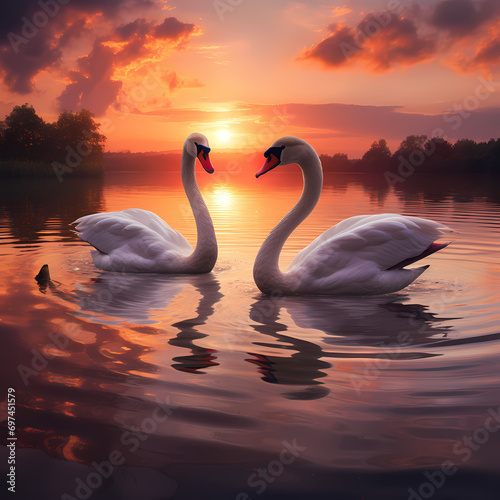 Graceful swans gliding on a mirror-like lake at sunset