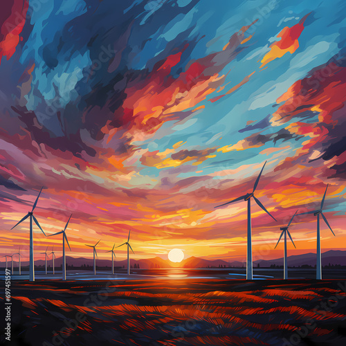Group of wind turbines against a vibrant sunset sky.