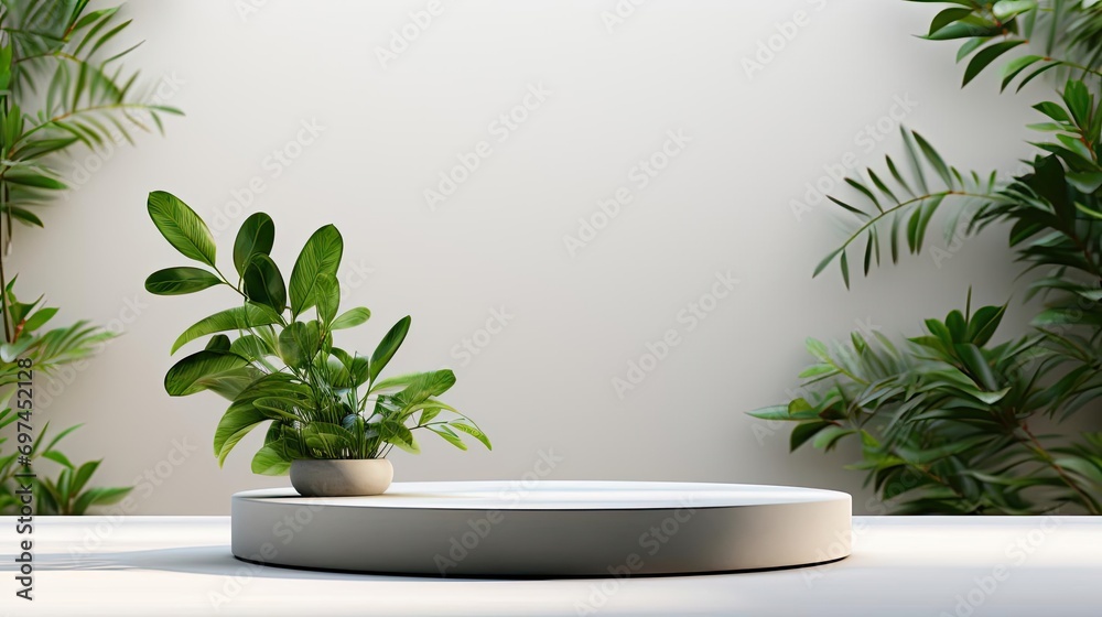 podium design for product display or product stand with leaf ornaments and minimalist background podium design for product display or product stand with leaf ornaments and minimalist background