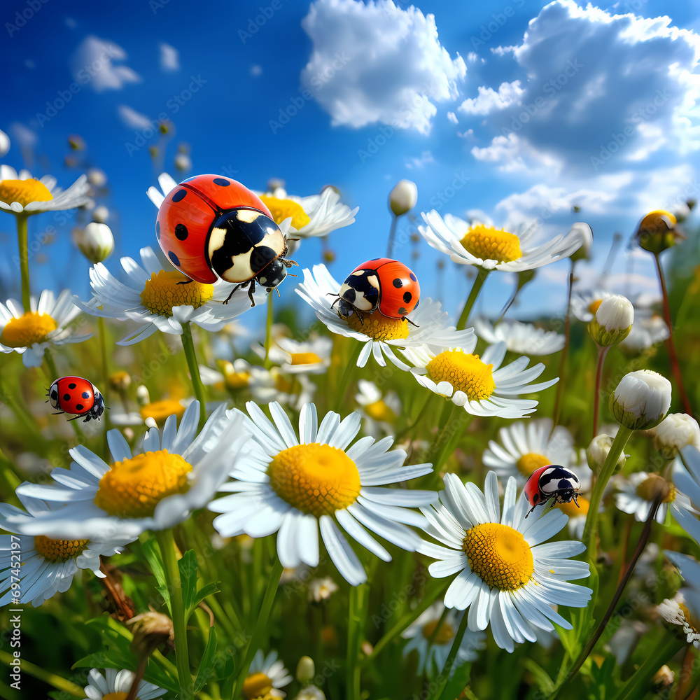 Ladybugs exploring a field of blooming wildflowers.