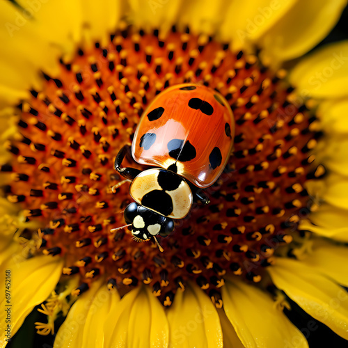 Ladybug exploring the intricate patterns of a sunflower.