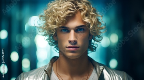 Photorealistic Teen Persian Man with Blond Curly Hair Futuristic Illustration. Portrait of a person with creative hairstyle in sci-fi movie style. Space-age Ai Generated Horizontal Illustration.