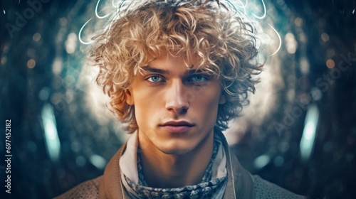 Photorealistic Teen Persian Man with Blond Curly Hair Futuristic Illustration. Portrait of a person with creative hairstyle in sci-fi movie style. Space-age Ai Generated Horizontal Illustration.