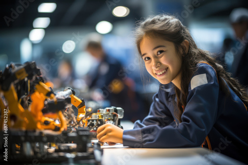 A girl participating in a robotics competition, highlighting her proficiency in STEM fields. Generative Ai.