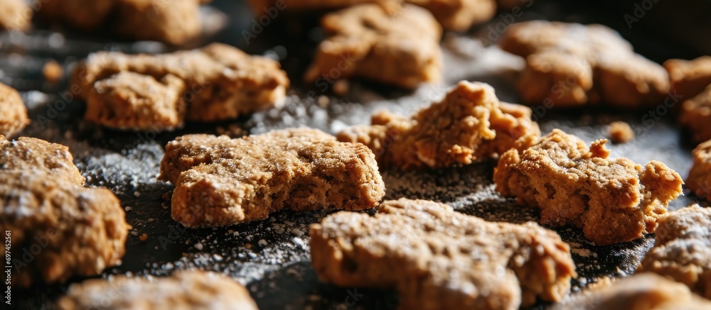 Woof-themed homemade dog treats in close-up view.