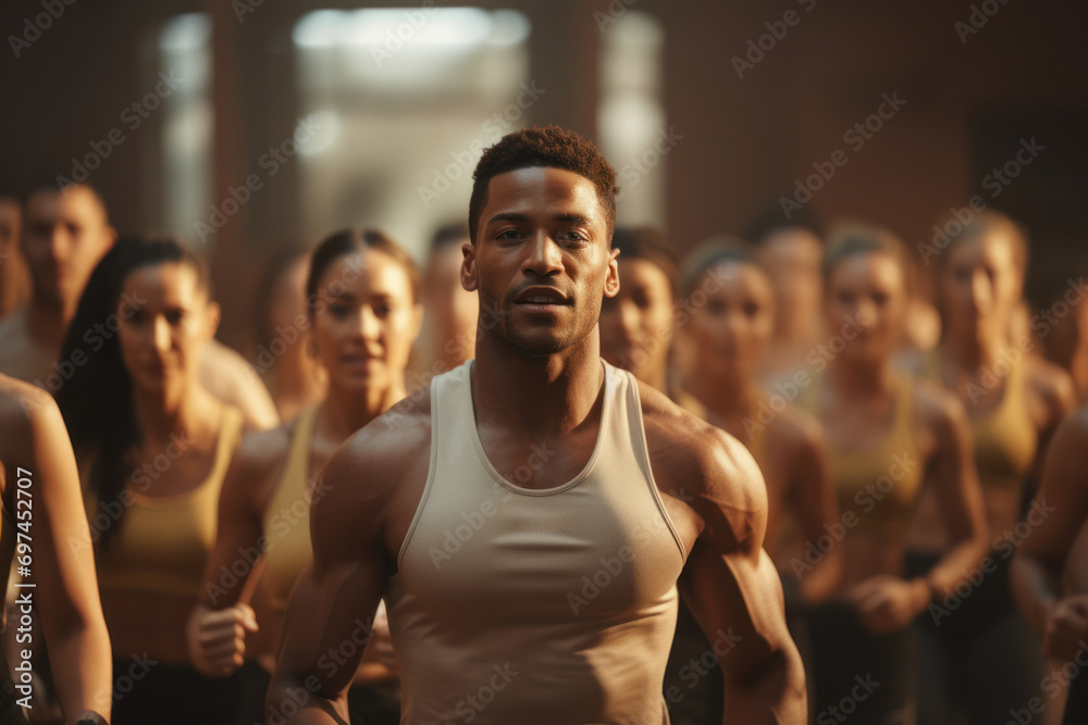 A diverse group participating in a fitness class, promoting the sense of community and social support in achieving health goals. Generative Ai.