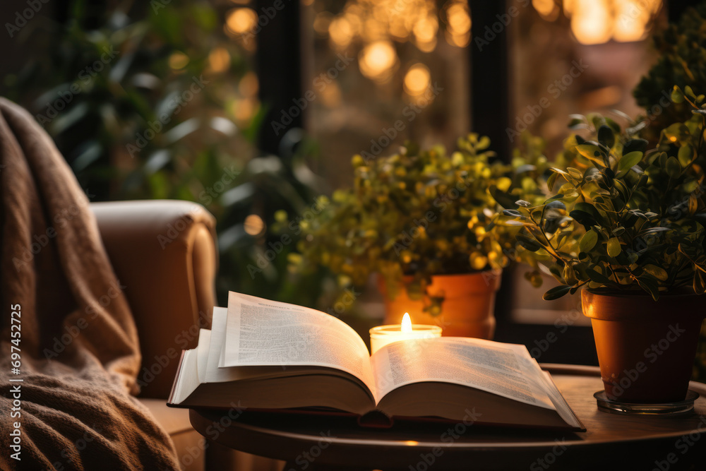 A person enjoying a good book in a cozy setting, highlighting the positive impact of leisure activities on mental well-being. Generative Ai. A person enjoying a good book in a cozy setting, highlighting the positive impact of leisure activities on mental well-being. Generative Ai.