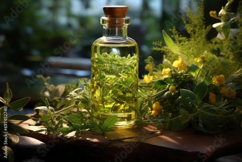 A bottle of herbal tea and fresh herbs, promoting the therapeutic aspects of herbal remedies for health and relaxation. Generative Ai.