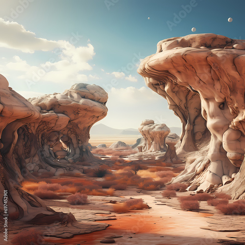 Surreal desert landscape with rock formations resembling sculptures.