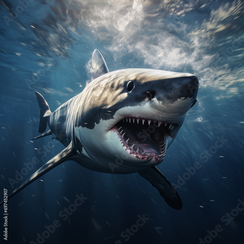 Great White Shark swimming underwater in the ocean showing its teeth © Brian