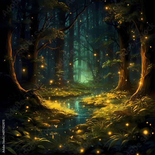 Mysterious forest illuminated by the soft glow of fireflies. © Cao
