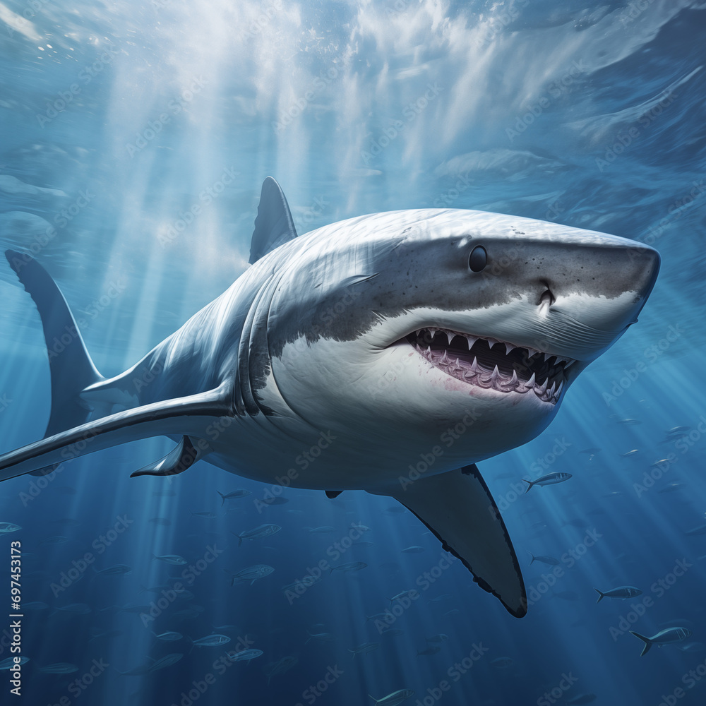 Naklejka premium Great White Shark swimming underwater in the ocean showing its teeth