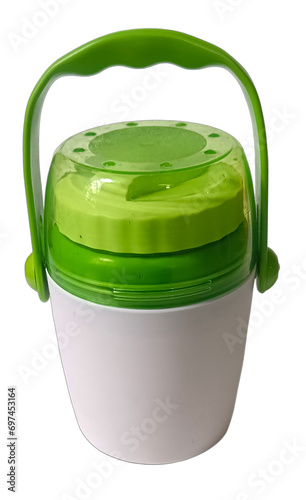 Green plastic thermos isolated on a white background with clipping path.