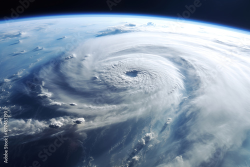 Super typhoon tropical cyclone over the ocean. The eye of a hurricane  the center of the storm  a tropical storm on Earth  view from space.