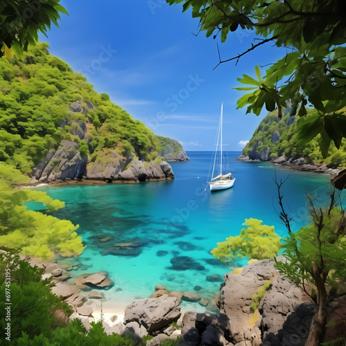 Sailboats anchored in a secluded bay  surrounded by lush greenery.