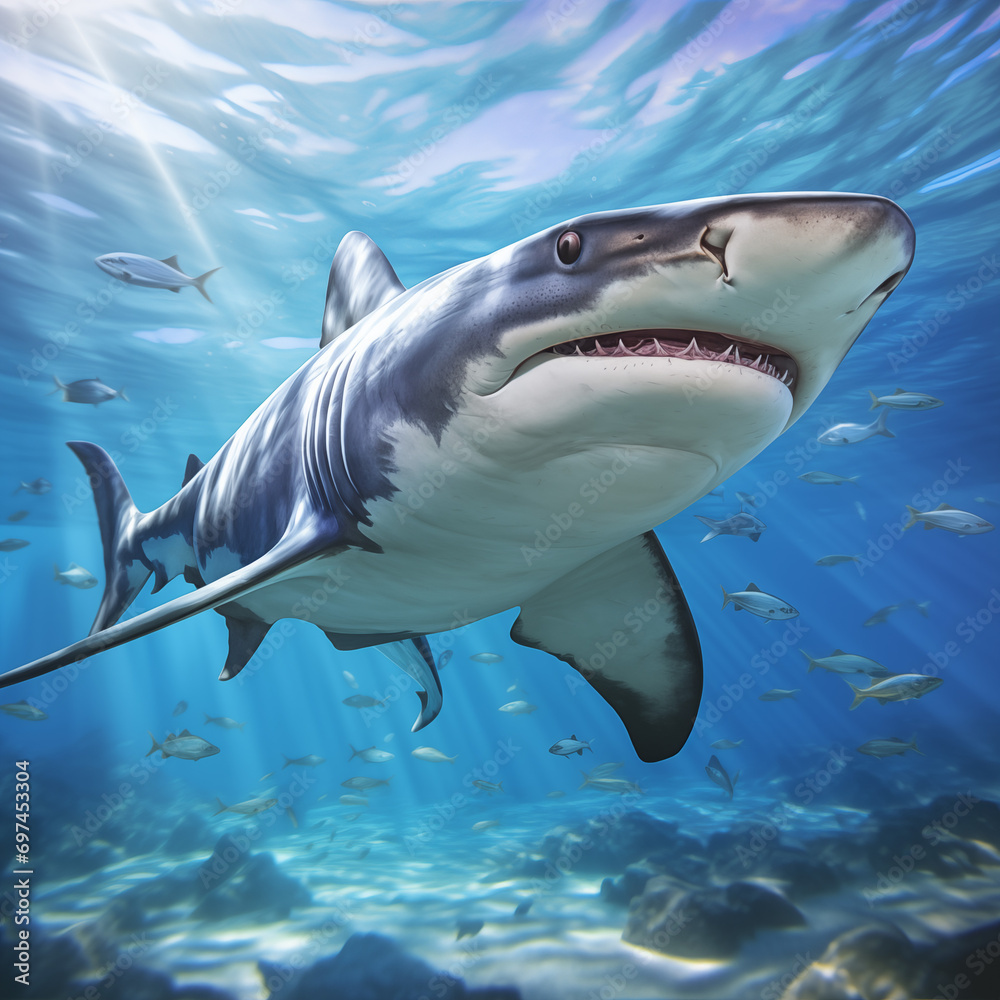 Fototapeta premium Great White Shark swimming underwater in the ocean showing its teeth