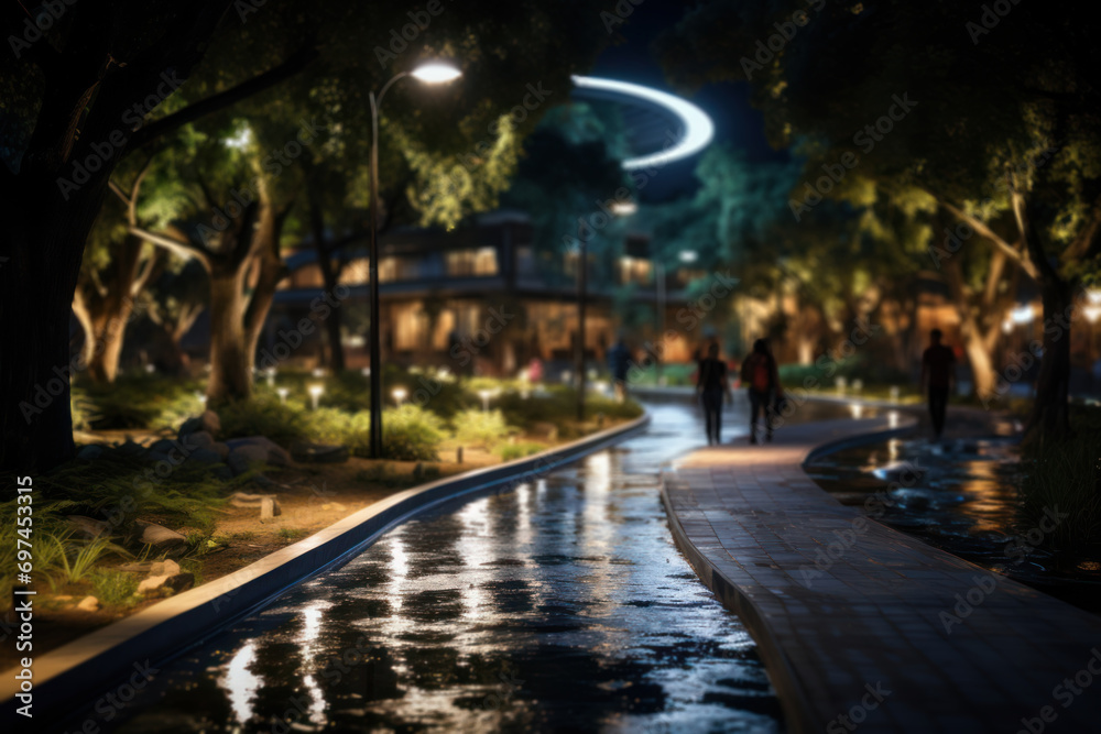LED-lit pathways guiding pedestrians through a park at night, promoting safety while adding an artistic touch to the urban landscape. Generative Ai. LED-lit pathways guiding pedestrians through a park at night, promoting safety while adding an artistic touch to the urban landscape. Generative Ai.