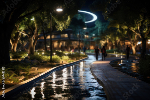 LED-lit pathways guiding pedestrians through a park at night  promoting safety while adding an artistic touch to the urban landscape. Generative Ai.