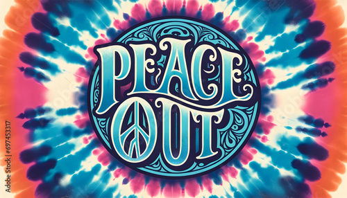 Vintage-style graphic with the phrase 'PEACE OUT' in a 70's inspired font