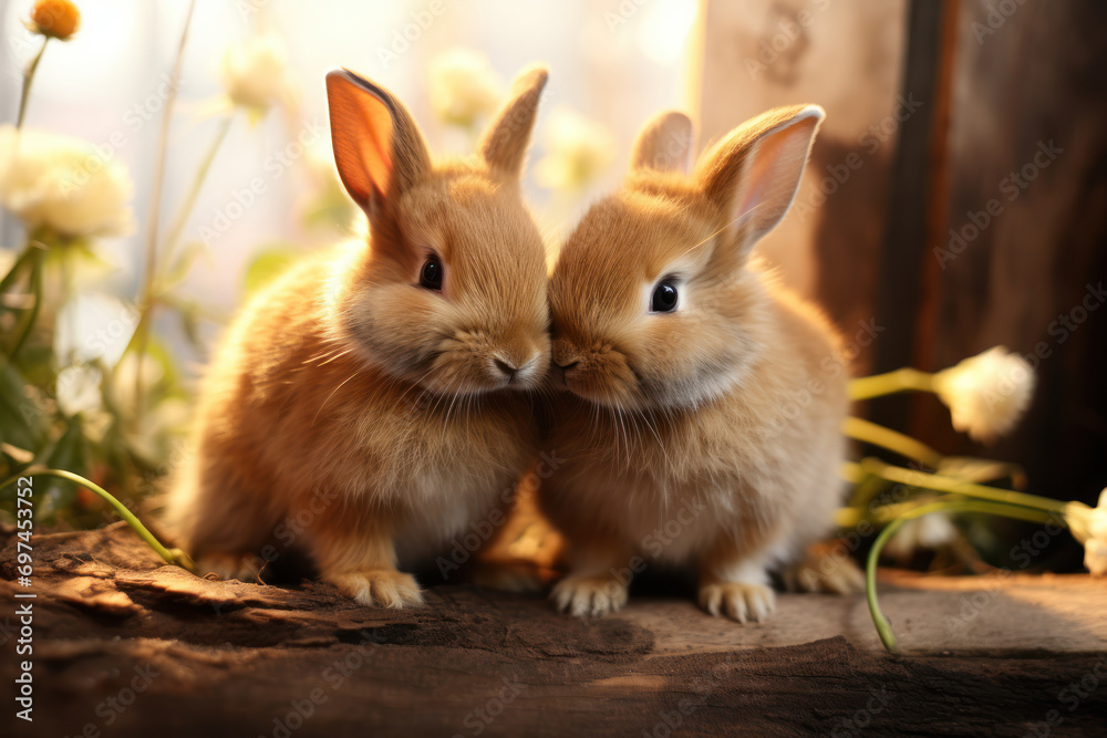 A pair of affectionate bunnies grooming each other, symbolizing the close bond and social nature of rabbits in a household. Concept of bunny companionship. Generative Ai. A pair of affectionate bunnies grooming each other, symbolizing the close bond and social nature of rabbits in a household. Concept of bunny companionship. Generative Ai.