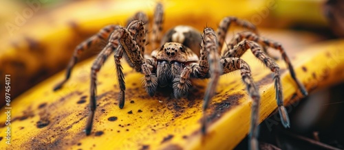 Photographed closeup of a medically significant spider on bananas. photo