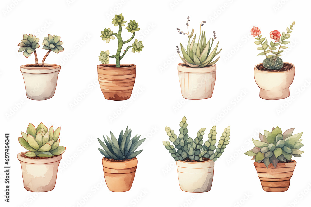 Watercolor from a cute succulent pot plants on white background. Watercolor from a cute succulent pot plants on white background.