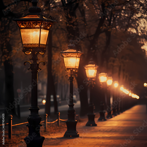 Vintage street lamps casting a warm glow on a quiet city street.