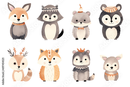 Watercolor a cute American Indian set with animals such as a rabbit  bear  fox  raccoon  deer  cat  panda  owl  and sloth. Each animal on white background.