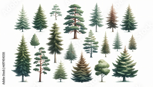 Cute Boho collection  Pine trees on white background