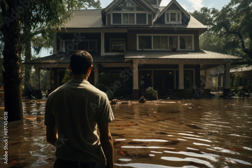 A homeowner exploring flood insurance options, recognizing the need for additional coverage in areas prone to natural disasters. Concept of disaster preparedness. Generative Ai. photo