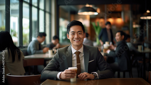 Asian businessman dressed in a sharp, tailored suit, seated comfortably in a modern coffee shop. photo
