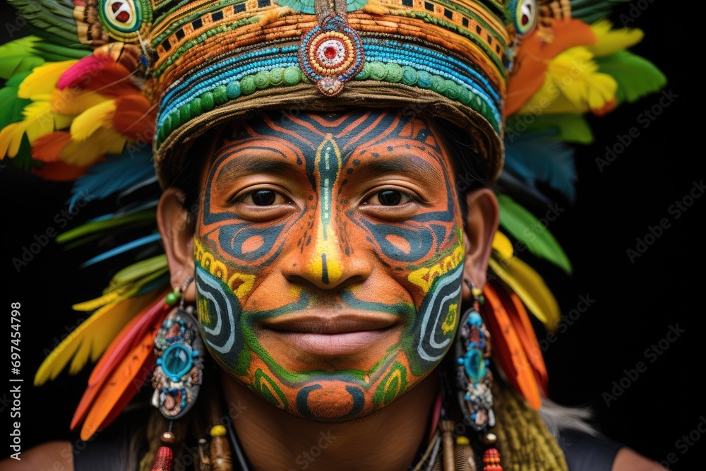 Man with beautiful face art on black background. Beautiful Indian male hunter with big indian plume of feathers. Native american creative makeup. Western style Man with beautiful face art on black background. Beautiful Indian male hunter with big indian plume of feathers. Native american creative makeup. Western style