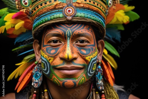 Man with beautiful face art on black background. Beautiful Indian male hunter with big indian plume of feathers. Native american creative makeup. Western style © ratatosk